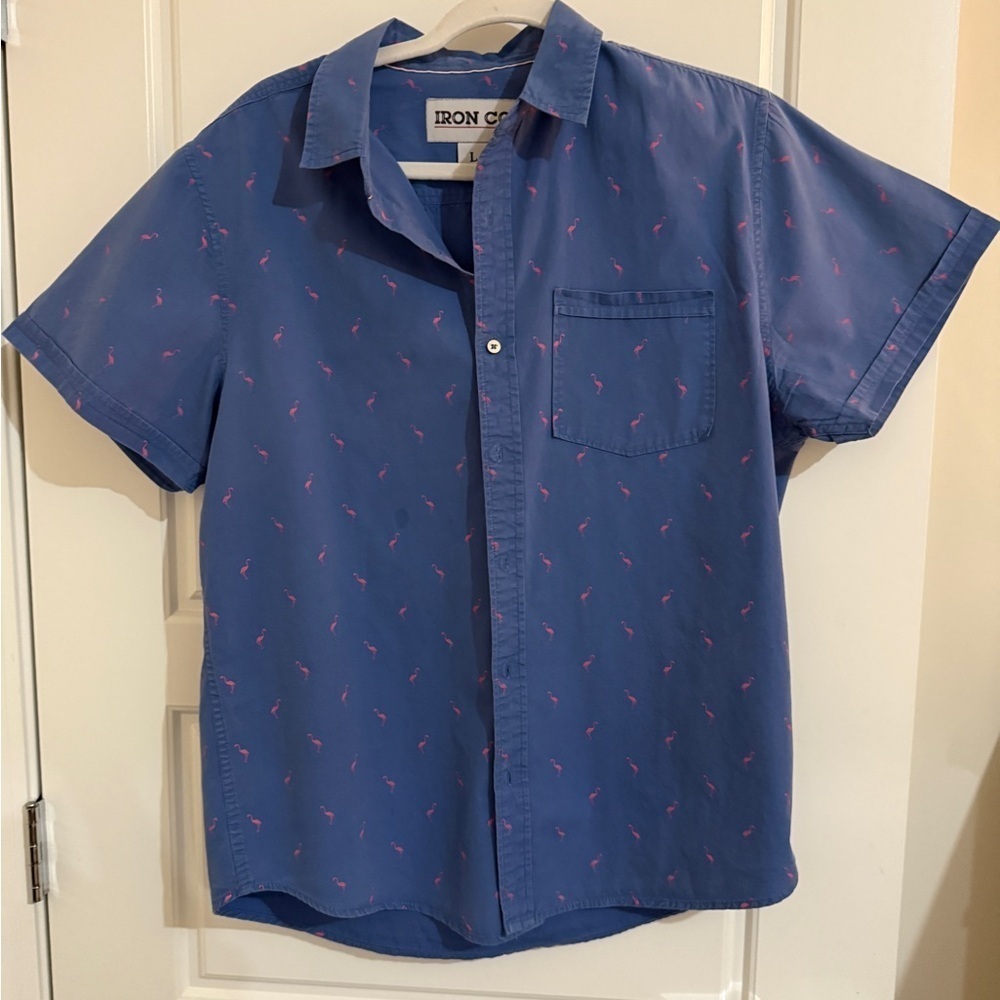 Men's Blue Flamingo Print Short Sleeve Button Down Shirt L Tommy Bahama Style